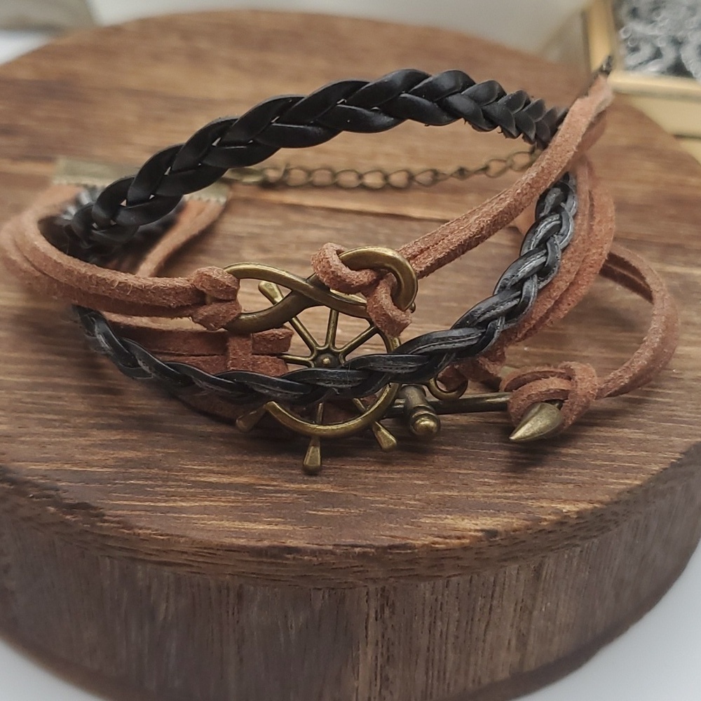 Leather tiered‎ bracelet anchors away unisex B1917